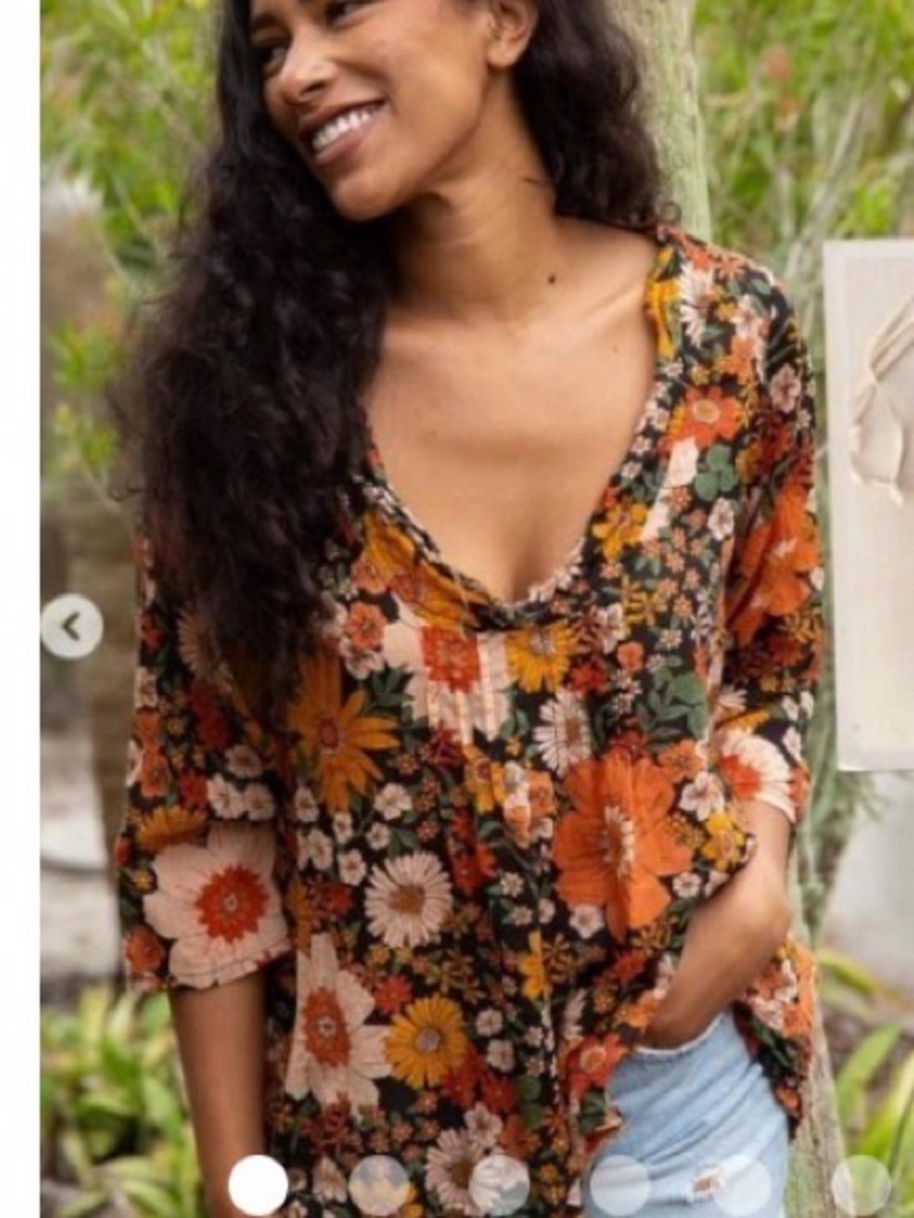 NWT NATURAL LIFE Black Button-Down Shirt with Yellow & Cream Floral Print